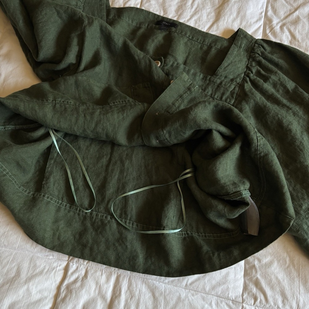 J Crew Square Neck Button Front Balloon Sleeve Linen Top Womens XXL Dark Green - Picture 7 of 14